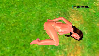 Cute 3D Anime Girl Masturbates with Cucumber Under Open Sky