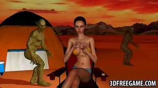 Twin Goblins Seduce Busty Beauty Beneath Moonlight in Steamy Outdoor Fantasy