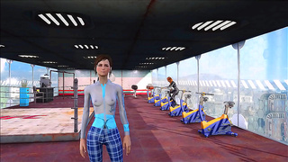 Busty Brunette in Foxy Fallout 4 Armor Teases Workout Lover at Gym