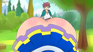 Aqua Teases Kazuma with Playful Skirt Dance in Horny Isekai Spoof